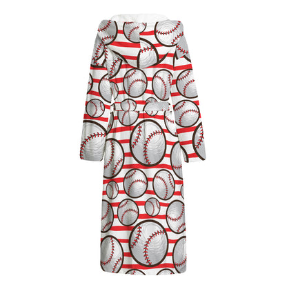 Red Striped Baseball Pattern Print Hooded Bathrobe