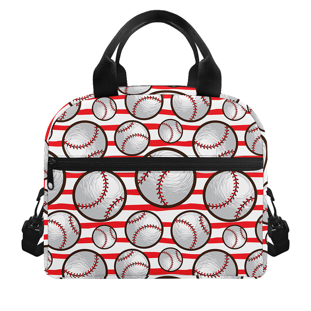 Red Striped Baseball Pattern Print Insulated Lunch Bag