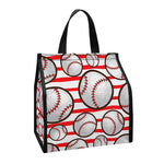 Red Striped Baseball Pattern Print Insulated Lunch Tote