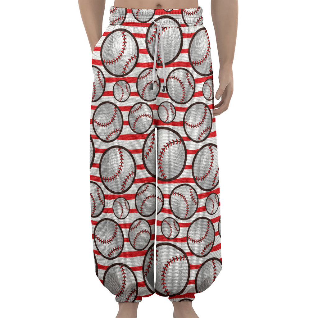 Red Striped Baseball Pattern Print Lantern Pants