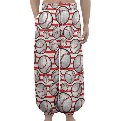 Red Striped Baseball Pattern Print Lantern Pants