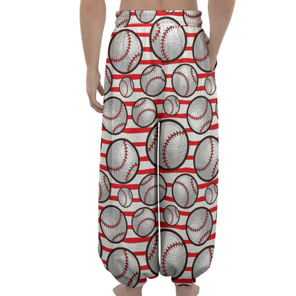 Red Striped Baseball Pattern Print Lantern Pants