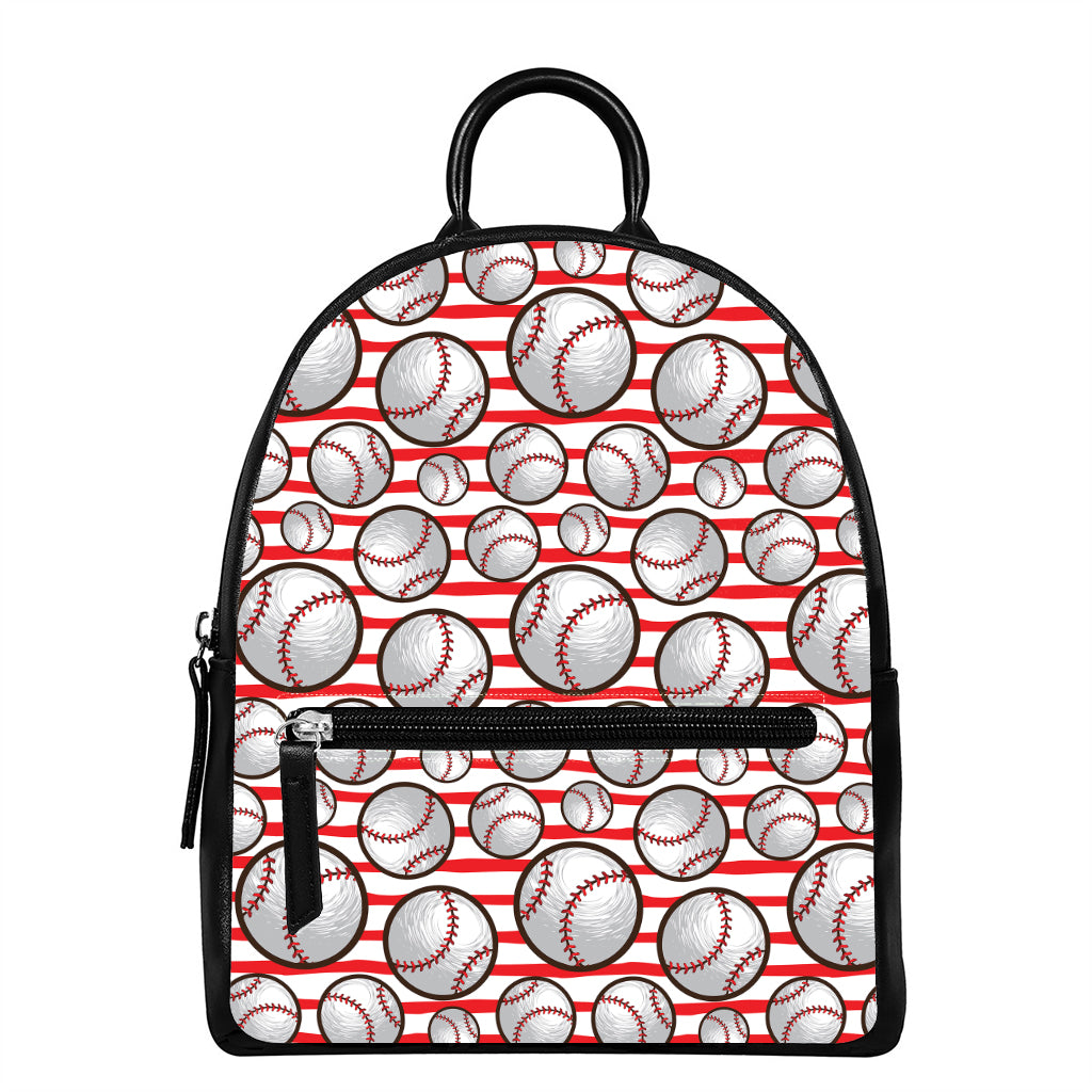 Red Striped Baseball Pattern Print Leather Backpack