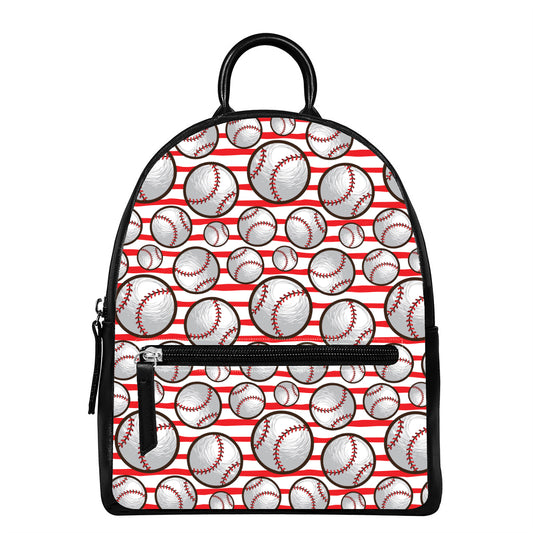 Red Striped Baseball Pattern Print Leather Backpack