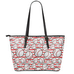 Red Striped Baseball Pattern Print Leather Tote Bag