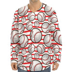 Red Striped Baseball Pattern Print Long Sleeve Baseball Jersey