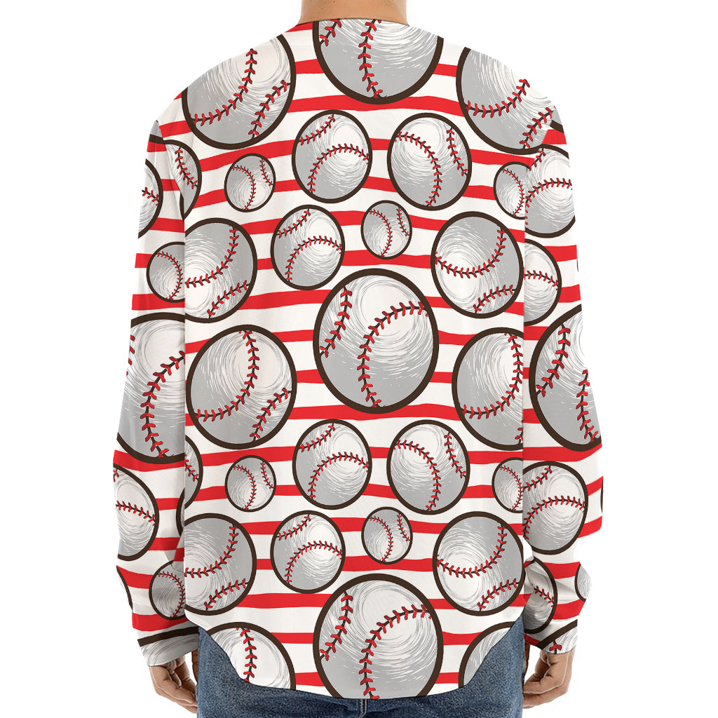 Red Striped Baseball Pattern Print Long Sleeve Baseball Jersey