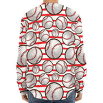 Red Striped Baseball Pattern Print Long Sleeve Baseball Jersey