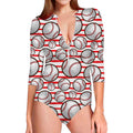 Red Striped Baseball Pattern Print Long Sleeve Swimsuit