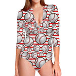 Red Striped Baseball Pattern Print Long Sleeve Swimsuit