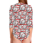 Red Striped Baseball Pattern Print Long Sleeve Swimsuit