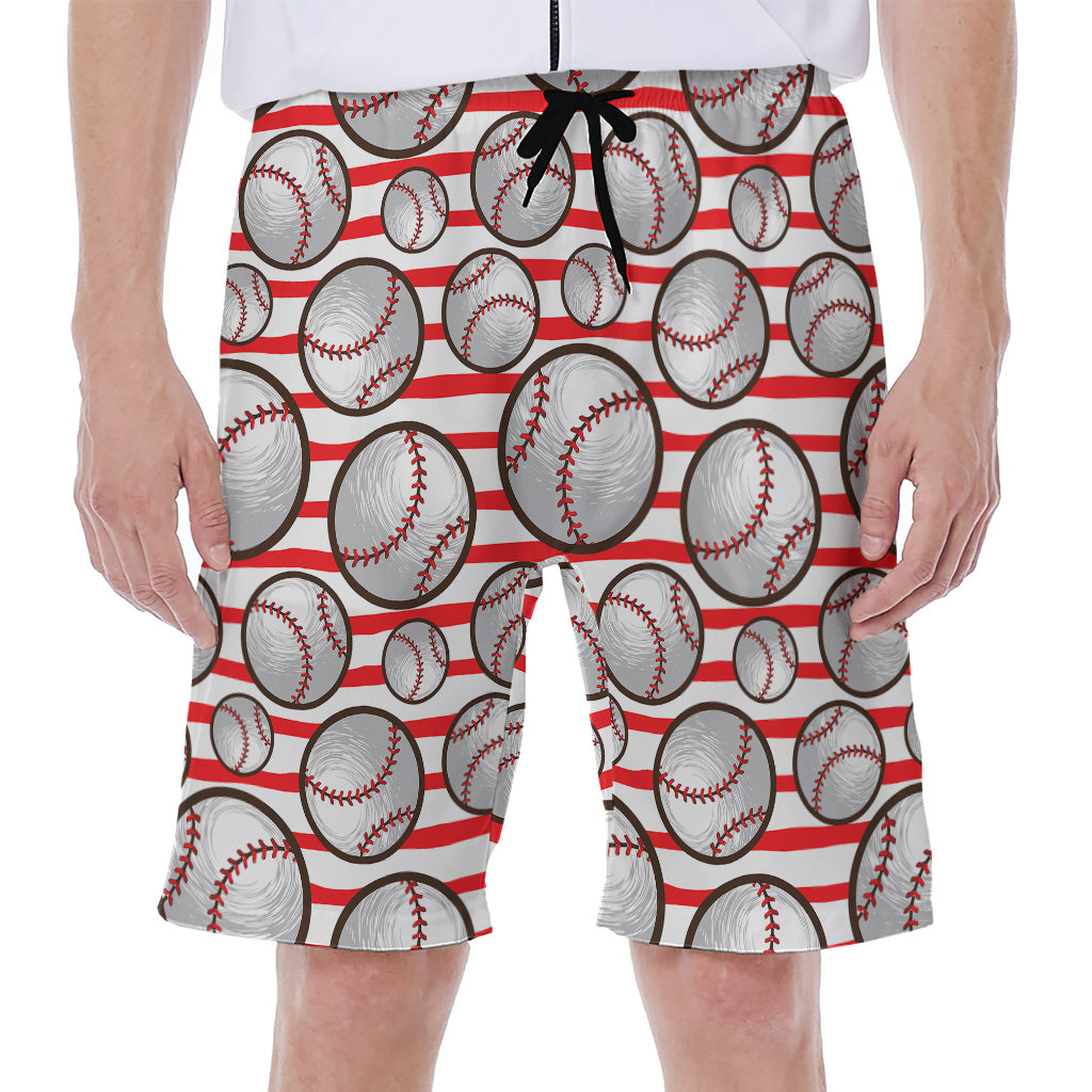 Red Striped Baseball Pattern Print Men's Beach Shorts