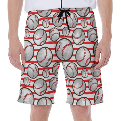 Red Striped Baseball Pattern Print Men's Beach Shorts