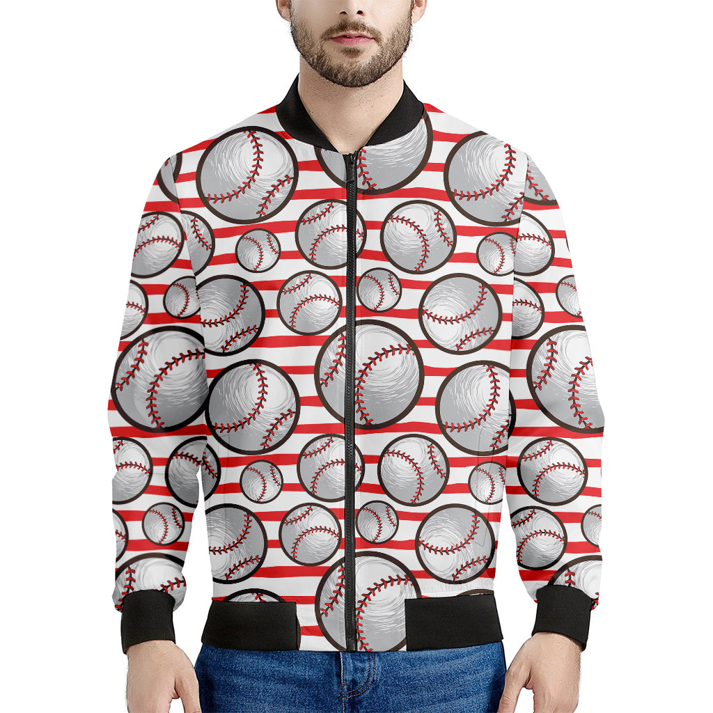 Red Striped Baseball Pattern Print Men's Bomber Jacket
