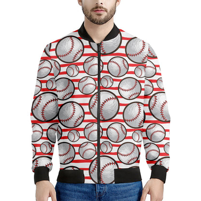 Red Striped Baseball Pattern Print Men's Bomber Jacket