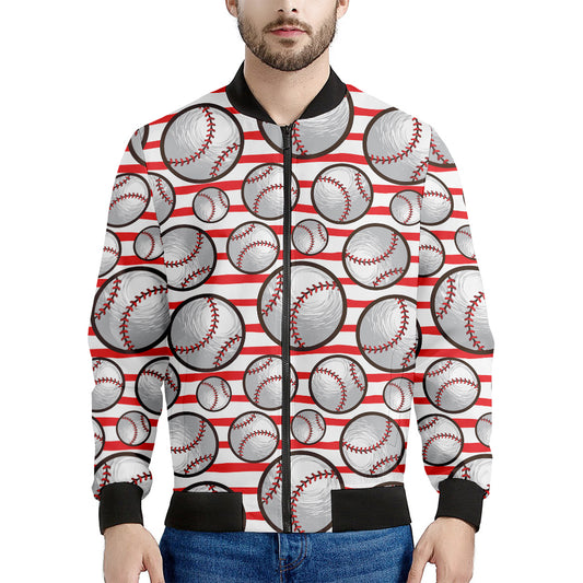 Red Striped Baseball Pattern Print Men's Bomber Jacket