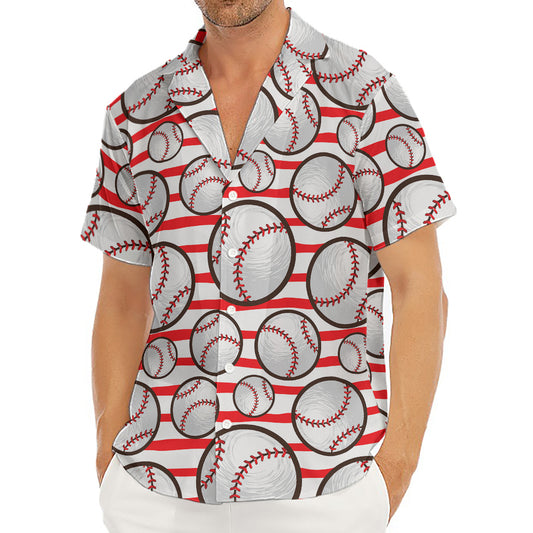 Red Striped Baseball Pattern Print Men's Deep V-Neck Shirt