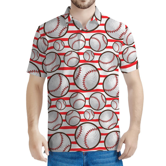 Red Striped Baseball Pattern Print Men's Polo Shirt