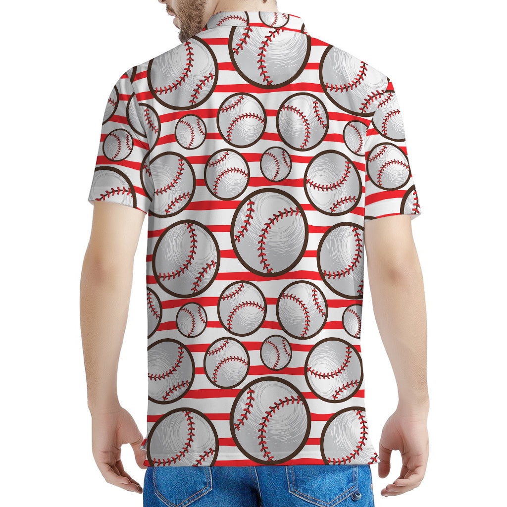 Red Striped Baseball Pattern Print Men's Polo Shirt