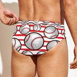 Red Striped Baseball Pattern Print Men's Swim Briefs