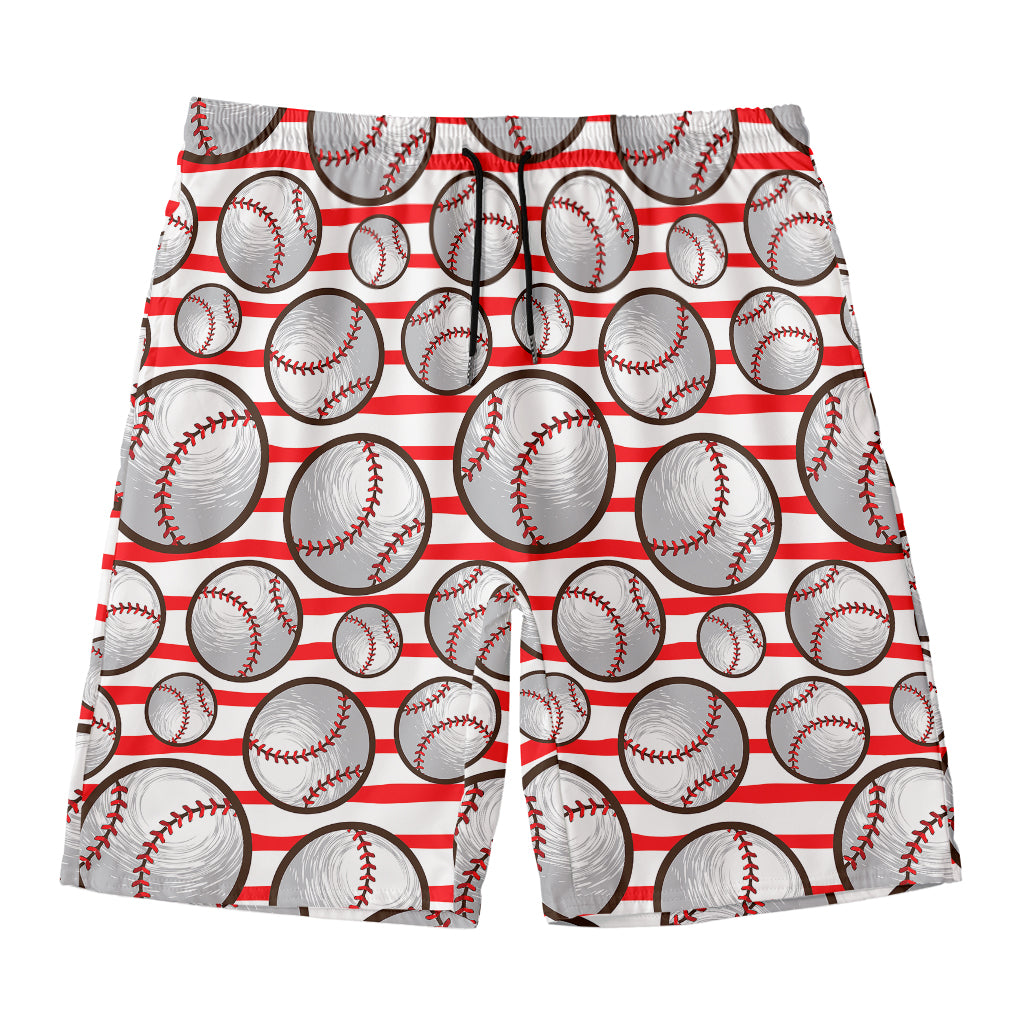 Red Striped Baseball Pattern Print Men's Swim Trunks