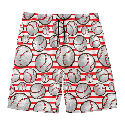 Red Striped Baseball Pattern Print Men's Swim Trunks