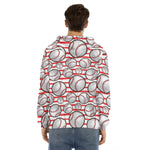 Red Striped Baseball Pattern Print Men's Velvet Pullover Hoodie