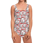 Red Striped Baseball Pattern Print One Piece Swimsuit