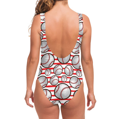 Red Striped Baseball Pattern Print One Piece Swimsuit