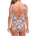 Red Striped Baseball Pattern Print One Piece Swimsuit