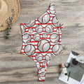 Red Striped Baseball Pattern Print One Shoulder Bodysuit