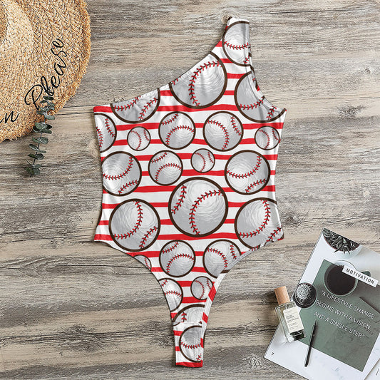 Red Striped Baseball Pattern Print One Shoulder Bodysuit