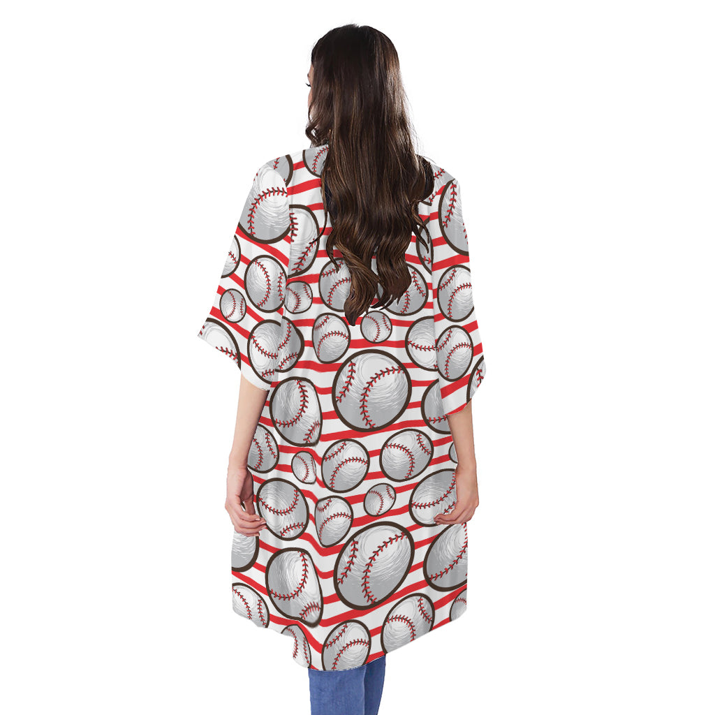 Red Striped Baseball Pattern Print Open Front Beach Cover Up