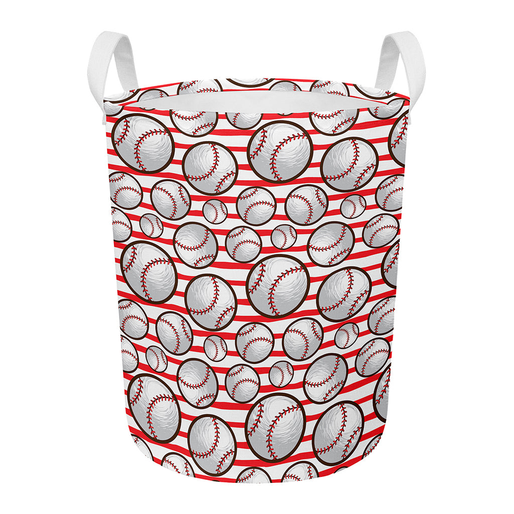 Red Striped Baseball Pattern Print Round Laundry Basket