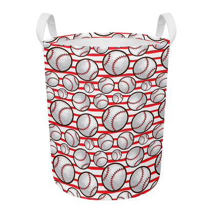 Red Striped Baseball Pattern Print Round Laundry Basket