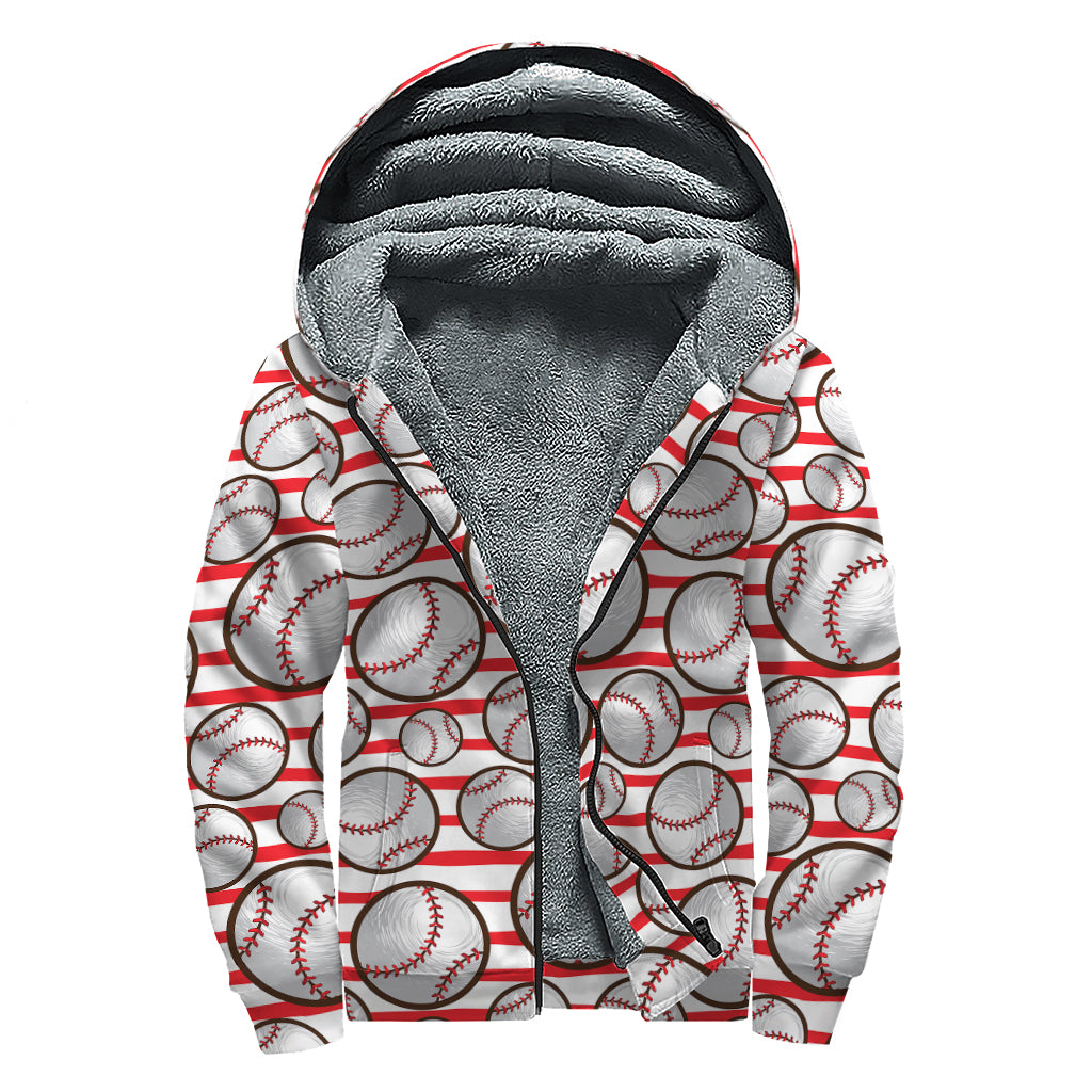 Red Striped Baseball Pattern Print Sherpa Lined Zip Up Hoodie