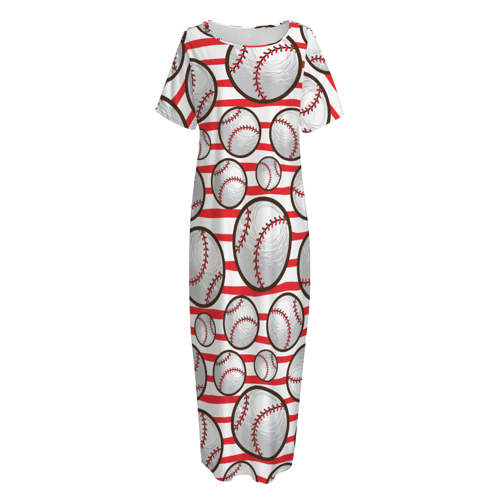 Red Striped Baseball Pattern Print Short Sleeve Long Nightdress