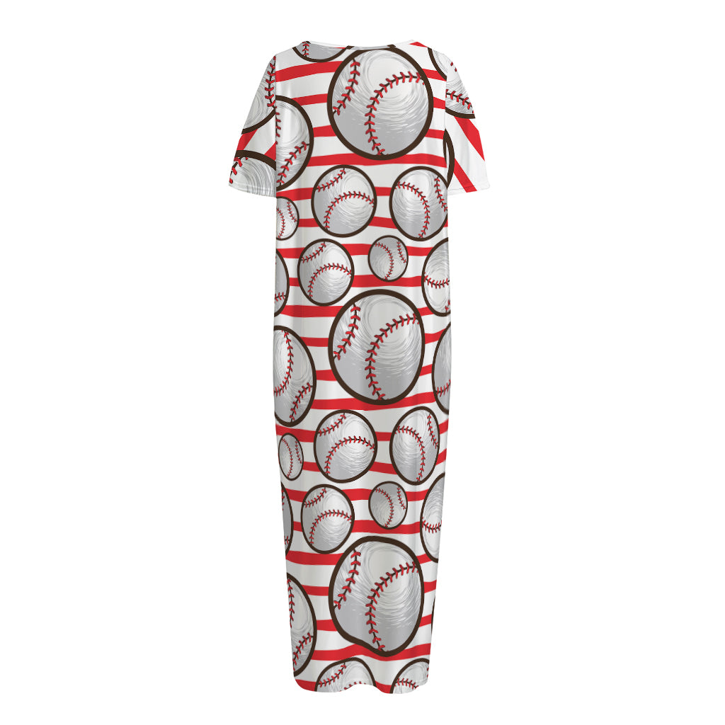 Red Striped Baseball Pattern Print Short Sleeve Long Nightdress