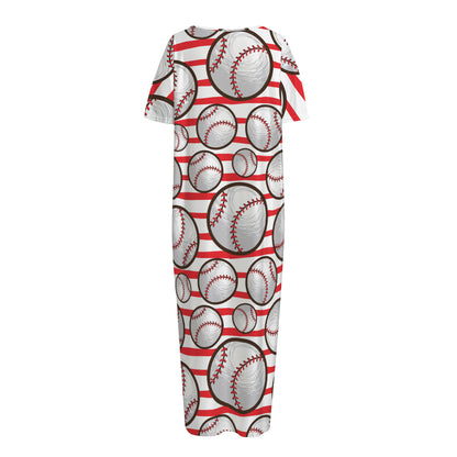 Red Striped Baseball Pattern Print Short Sleeve Long Nightdress