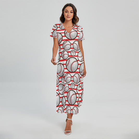 Red Striped Baseball Pattern Print Short Sleeve Maxi Dress