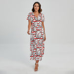 Red Striped Baseball Pattern Print Short Sleeve Maxi Dress