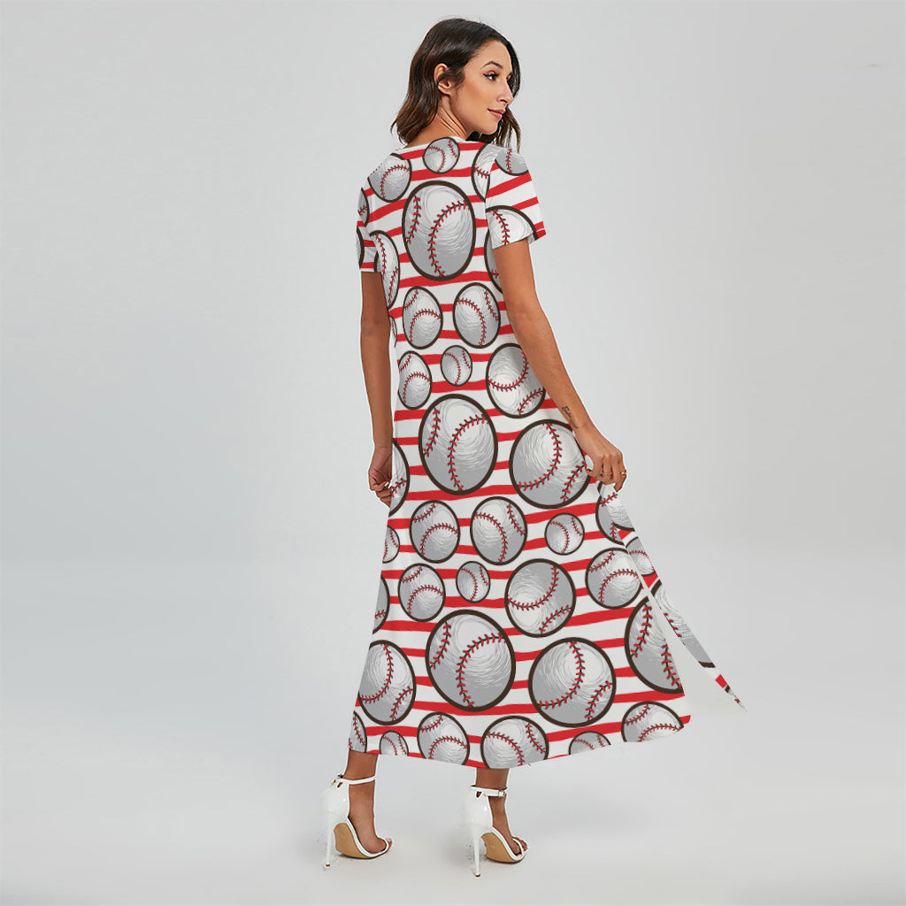 Red Striped Baseball Pattern Print Short Sleeve Maxi Dress