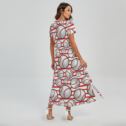 Red Striped Baseball Pattern Print Short Sleeve Maxi Dress