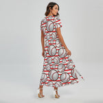 Red Striped Baseball Pattern Print Short Sleeve Maxi Dress
