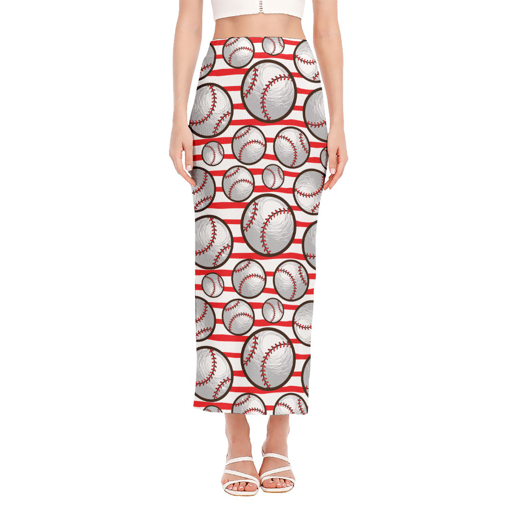 Red Striped Baseball Pattern Print Side Slit Maxi Skirt