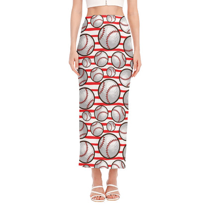 Red Striped Baseball Pattern Print Side Slit Maxi Skirt