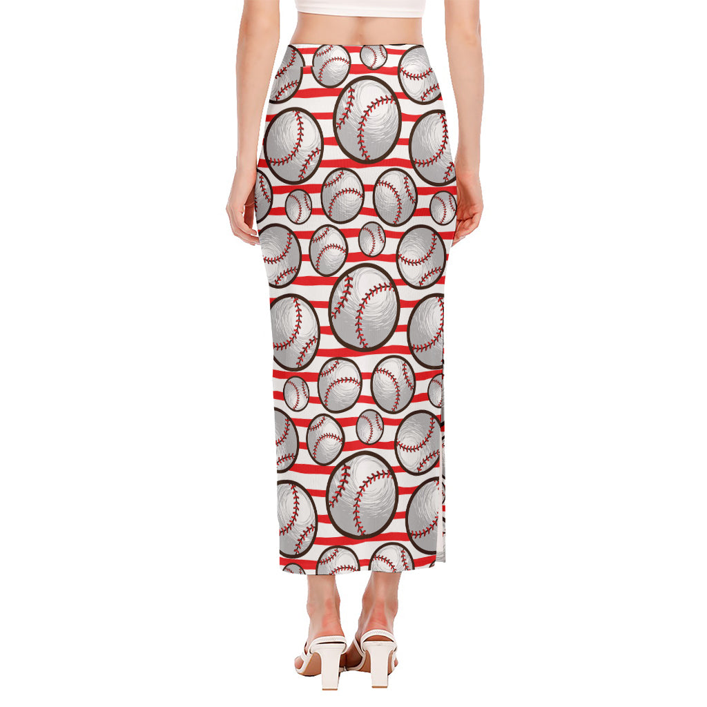 Red Striped Baseball Pattern Print Side Slit Maxi Skirt