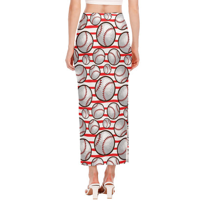Red Striped Baseball Pattern Print Side Slit Maxi Skirt