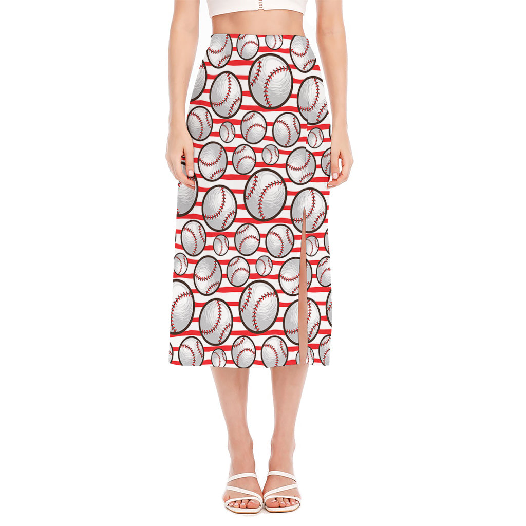 Red Striped Baseball Pattern Print Side Slit Midi Skirt