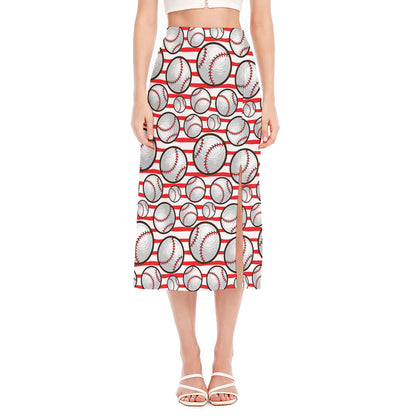 Red Striped Baseball Pattern Print Side Slit Midi Skirt